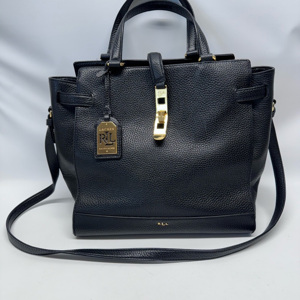 LAUREN RALPH LAUREN Black Leather Satchel Handbag Purse Pebbled Shoulder Bag